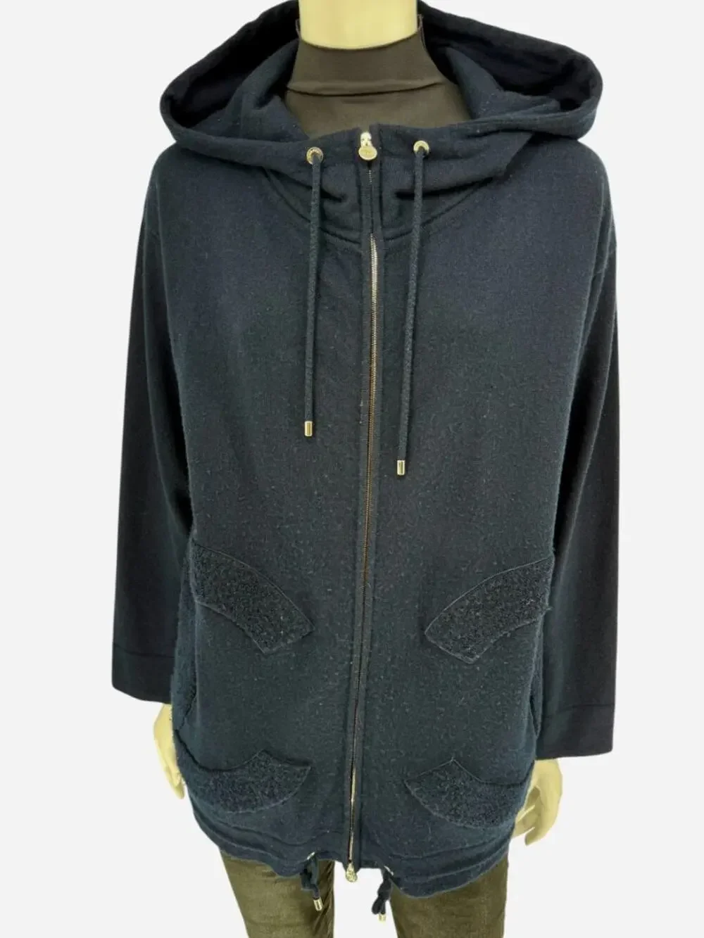 Chanel Navy Blue Cashmere Hoodie with Silver Hardware – Size 36